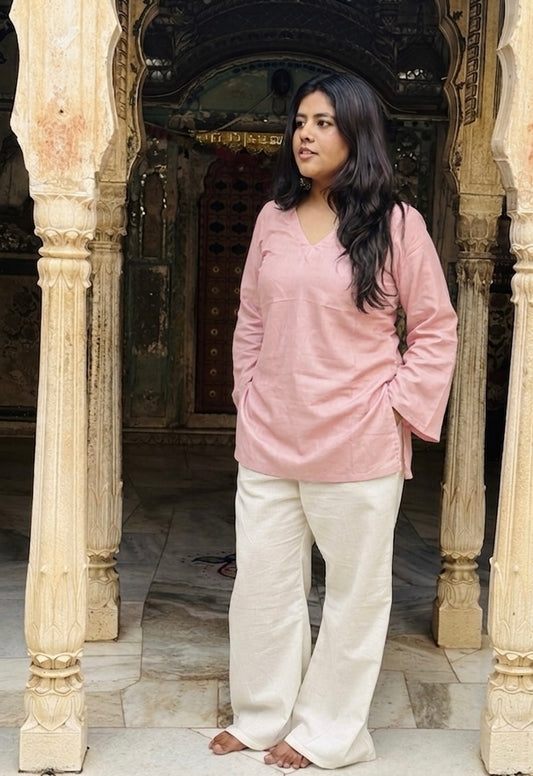 Siddhi-baby pink khadi cotton short kurti