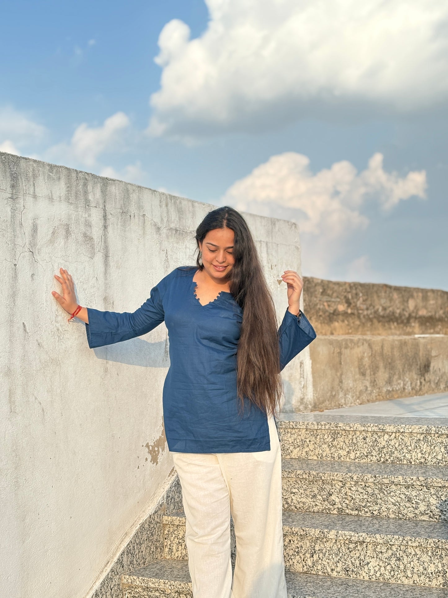 Kush:- Blue bell sleeves short kurti