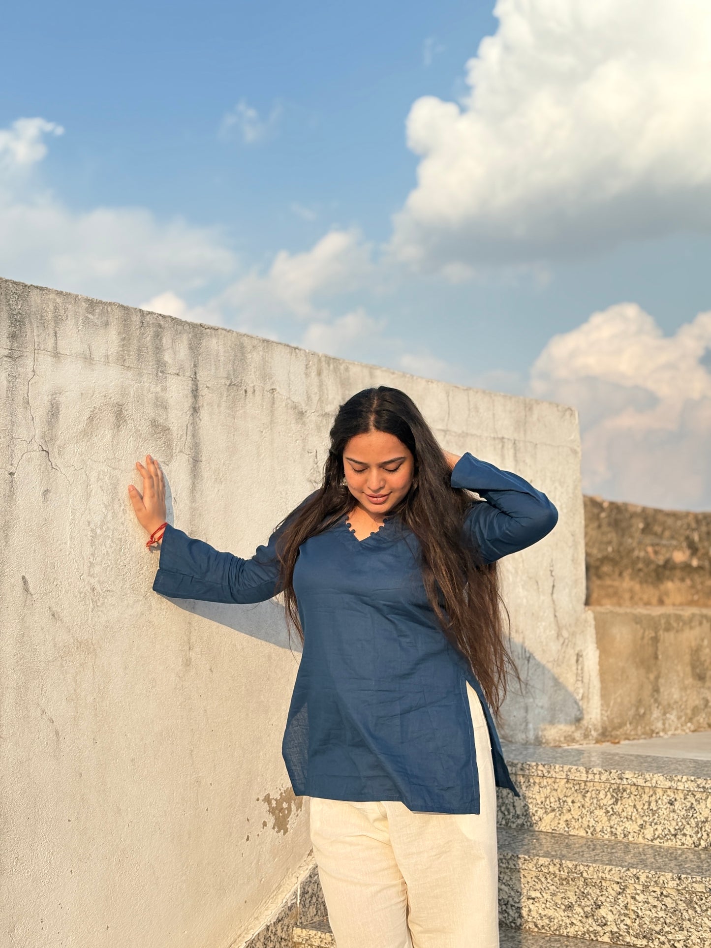 Kush:- Blue bell sleeves short kurti
