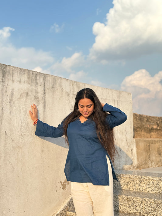 Kush:- Blue bell sleeves short kurti