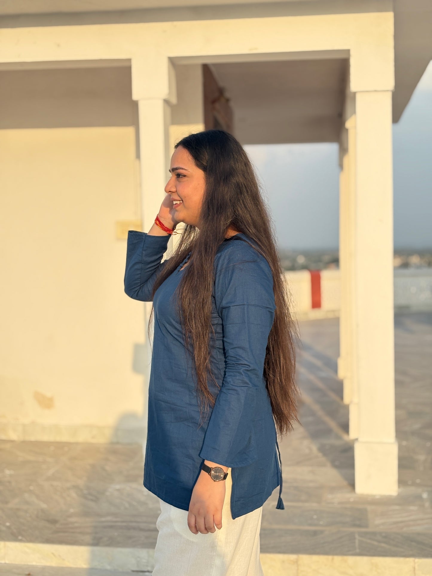 Kush:- Blue bell sleeves short kurti