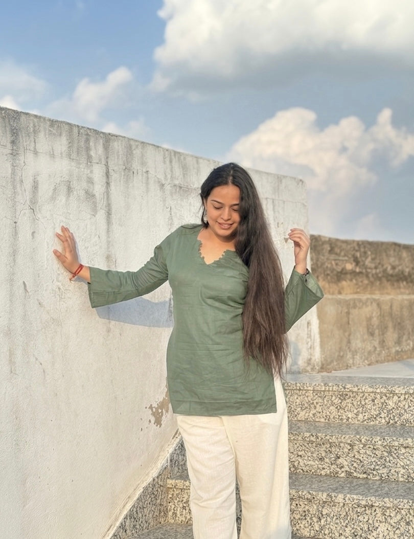 Kush:- Sage Green bell sleeves short kurti