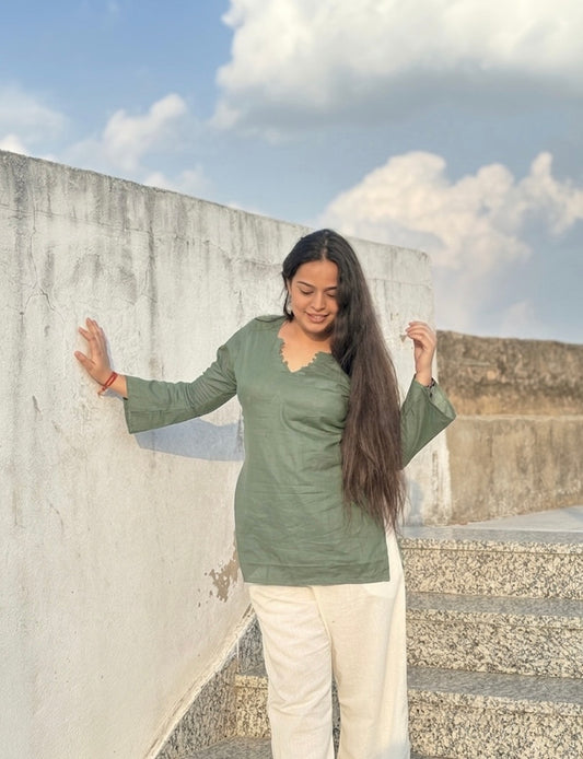 Kush:- Sage Green bell sleeves short kurti