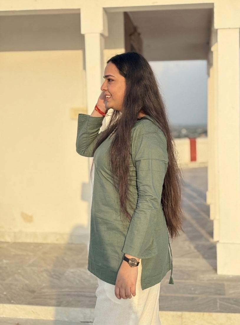 Kush:- Sage Green bell sleeves short kurti