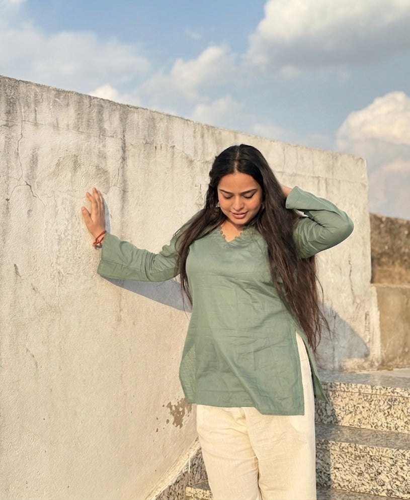 Kush:- Sage Green bell sleeves short kurti
