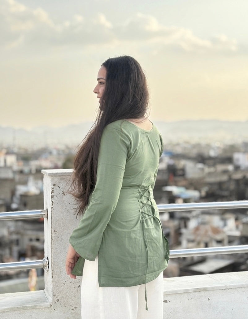 Kush:- Sage Green bell sleeves short kurti